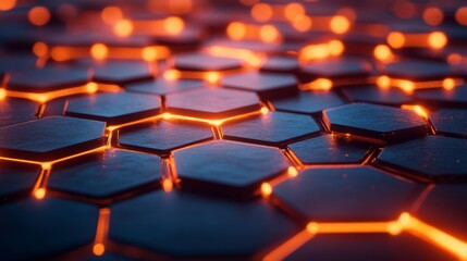 Leinwandbilder - A striking arrangement of hexagonal shapes illuminated by warm orange light creates a captivating visual effect against a dark background, enhancing the modern ambiance.