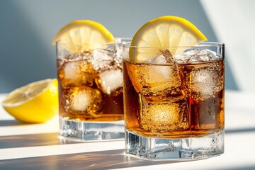 Two glasses of iced tea with lemon and ice cubes
