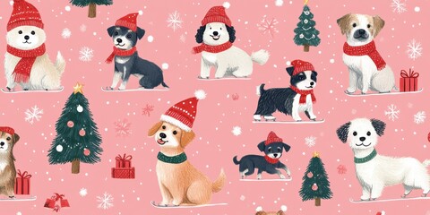 Adorable holiday pattern featuring playful dogs with festive hats and scarves on a pink background