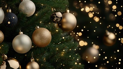 Canvas Print - Close-up of elegant Christmas tree decorations with golden and white ornaments illuminated by soft bokeh lights in the background