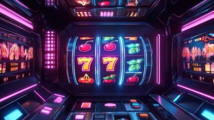 Poster - Glowing spinning reels on a slot machine display classic symbols like cherries and sevens, creating excitement in a gaming setting. Generative AI
