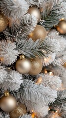 Close-up of elegant Christmas tree decorations with golden and white ornaments illuminated by soft bokeh lights in the background