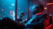 © SEYYAH - A man in a suit wearing neon glasses smokes while sitting in a modern apartment overlooking a vibrant city skyline at night
