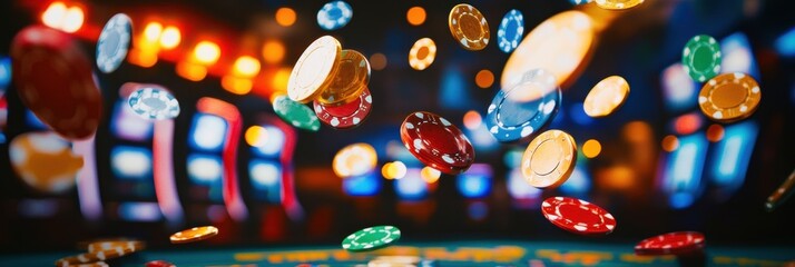 Aufkleber - A cascade of coins and poker chips flies into the air after a slot machine hits the jackpot, creating a lively moment in the casino. Generative AI