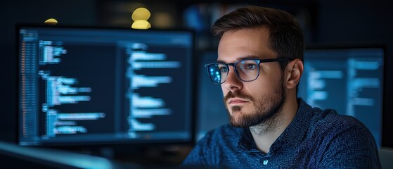 Focused programmer working on computer code in a dark office environment with dual monitors displaying code.