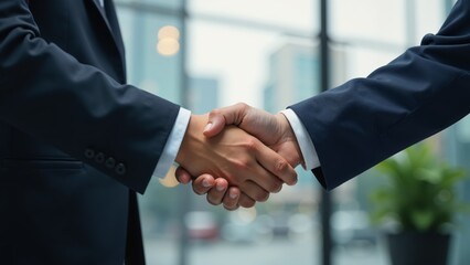 Two professionals engaged in a firm handshake in a modern office setting during the day