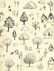Poster - A collection of quick pencil sketches showcases various clouds, trees, and houses, all drawn in a fun, whimsical style celebrating creativity. Generative AI