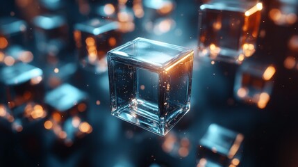 Leinwandbilder - Transparent cubes float gently in a dark space, illuminated by warm, glowing light. The interplay of light and shadows creates an ethereal atmosphere.