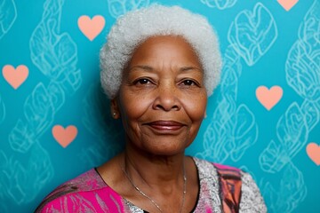 A content African American grandmother with white hair and brown eyes on Grandmother's Day against a solid blue background with heart patterns 2