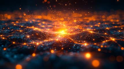 Fototapete - Waves of deep blue and bright orange lights create an abstract landscape, illustrating connections within a digital world filled with energy and depth.