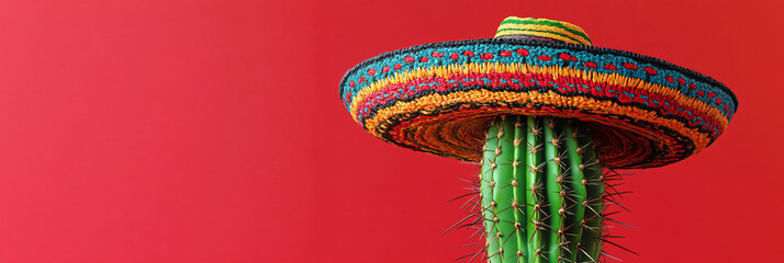 Cactus wearing traditional mexican sombrero hat on red background. Banner template Cinco de Mayo holiday, Viva Mexico, traditional latin holiday, fiesta creative concept with space for text