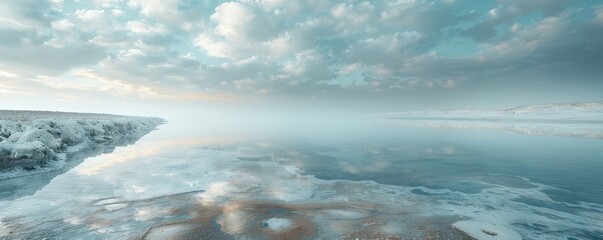 Scenic view of the Dead Sea salt shore at sunrise, reflecting the serene beauty of nature’s formations and still waters. Free copy space for banner.