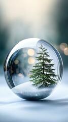 Sticker - A beautifully crafted glass ornament hangs over a blue backdrop, adorned with glowing lights and delicate snowflakes, perfect for holiday cards