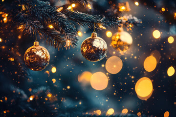 Poster - Christmas lights and decorations on a tree branch at night with a soft glow illuminating the surrounding darkness.