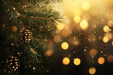 Poster - Christmas tree with golden lights, surrounded by joyful children opening presents, creating a warm and festive atmosphere.