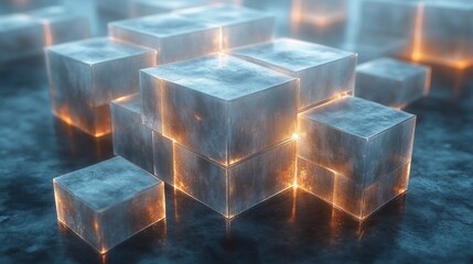 Poster - A collection of translucent ice cubes emits a warm glow from within, arranged aesthetically on a glossy surface. The cool ambiance highlights their crystalline texture and striking shine.