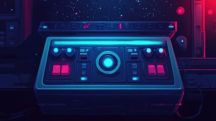 Pixel art retro game start button design with neon sci-fi arcade style