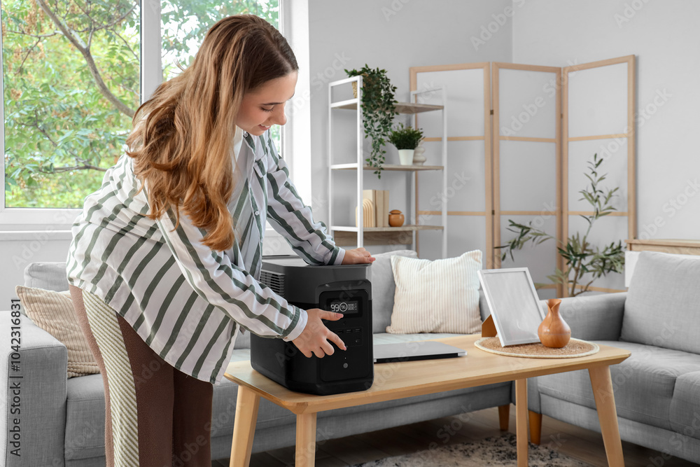 Young woman with portable power station on table at home
