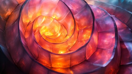 Poster - This unique spiral sculpture features translucent layers that glow softly in shades of orange and purple, creating an enchanting atmosphere. The artwork captivates viewers with its intricate design.