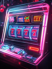Poster - Glittering slot machine screen showcases vibrant spinning reels adorned with classic symbols in a bustling entertainment venue. Generative AI
