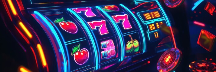 Poster - Glowing reels spin on a slot machine, displaying traditional symbols like cherries and sevens, creating excitement in a casino setting. Generative AI
