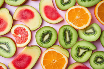 Sliced fruit pile on pink background - vibrant colors, fresh kiwi, orange, and strawberries. Symbol of health and freshness.