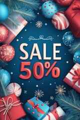 Poster - Christmas 50% sale background with presents, ornaments, and sparkling lights. A festive display inviting shoppers with holiday cheer and discounts.