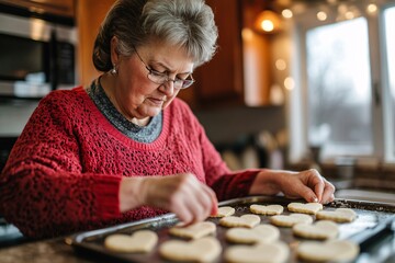 A middle-aged woman baking heart-shaped cookies in her kitchen on Valentine's Day 1