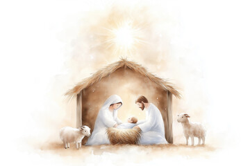 Nativity Scene, Mary, Joseph, Jesus in Manger and Sheep Watercolor Illustration