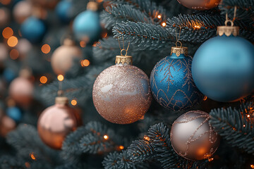 Festive Christmas ornaments, including colorful baubles, shiny garlands, and decorative bows, adorning a tree with sparkling lights, creating a joyful holiday scene.
