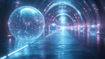 Aufkleber - A long, dimly lit tunnel showcases glowing spheres that emit a soft blue light, creating a captivating futuristic ambiance. The reflections enhance the mysterious atmosphere.