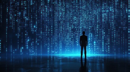 Wall Mural - man facing digital rain