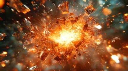 Leinwandbilder - A powerful explosion releases radiant orange light, scattering crystal-like fragments in every direction. The vivid brightness contrasts with the surrounding darkness, creating a dramatic effect.