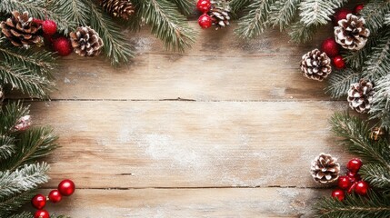 Festive Christmas Frame with Pine Cones, Branches, and Red Berries on Wooden Background