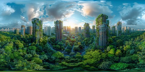 Canvas Print - An immersive 360-degree equirectangular spherical panorama of self-driving electric vehicles navigating through sprawling urban landscapes, with green spaces