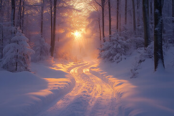 A tranquil forest covered in fresh snow at dawn, with soft morning light illuminating the trees and creating a magical ambiance.

