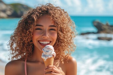 Teenage girl with curly hair, wearing a summer dress, eating an ice cream cone with the ocean in the background 2