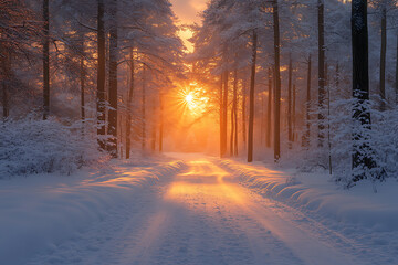 A tranquil forest covered in fresh snow at dawn, with soft morning light illuminating the trees and creating a magical ambiance.

