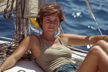 Middle-aged woman with short hair, wearing a tank top and capris, sunbathing on the deck of a sailboat 2