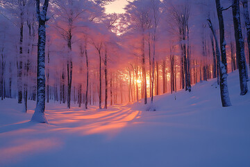 A tranquil forest covered in fresh snow at dawn, with soft morning light illuminating the trees and creating a magical ambiance.

