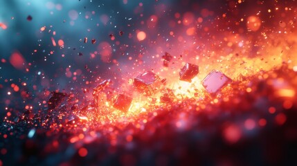 Leinwandbilder - Glowing particles dance amidst scattered, luminous crystals resting on a radiant molten surface. Dramatic lighting enhances the vibrant colors and adds depth to the composition.