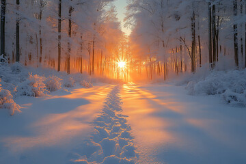 A tranquil forest covered in fresh snow at dawn, with soft morning light illuminating the trees and creating a magical ambiance.

