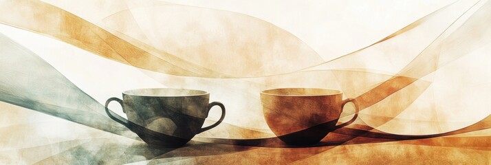 Poster - The artwork features flowing, harmonious lines that symbolize the beauty of tea leaves and elegant cups in a tranquil setting. Generative AI