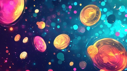 Poster - Golden coins and luminous gems float in this abstract retro wallpaper backdrop