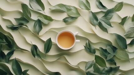 Poster - A tea cup sits calmly amidst soft, green leaves, forming gentle waves that enhance the tranquil atmosphere of the setting. Generative AI