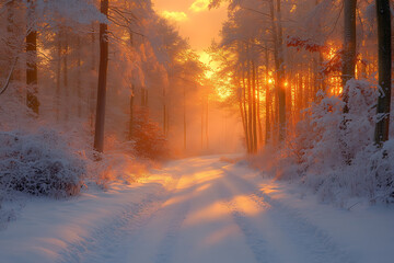 A tranquil forest covered in fresh snow at dawn, with soft morning light illuminating the trees and creating a magical ambiance.

