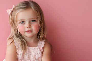 European child girl with blonde hair and fair skin, sitting on a pink background 2