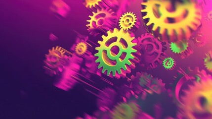 Sticker - Comic-style gears in neon pink and chrome float on a purple-to-yellow wallpaper