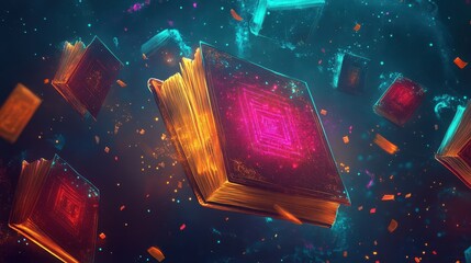 Sticker - Books with glowing neon pages hover over a dark blue-to-gold background wallpaper