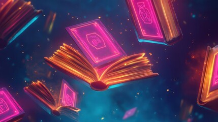 Sticker - Neon-lit books float on a dark gradient blue-to-gold background wallpaper